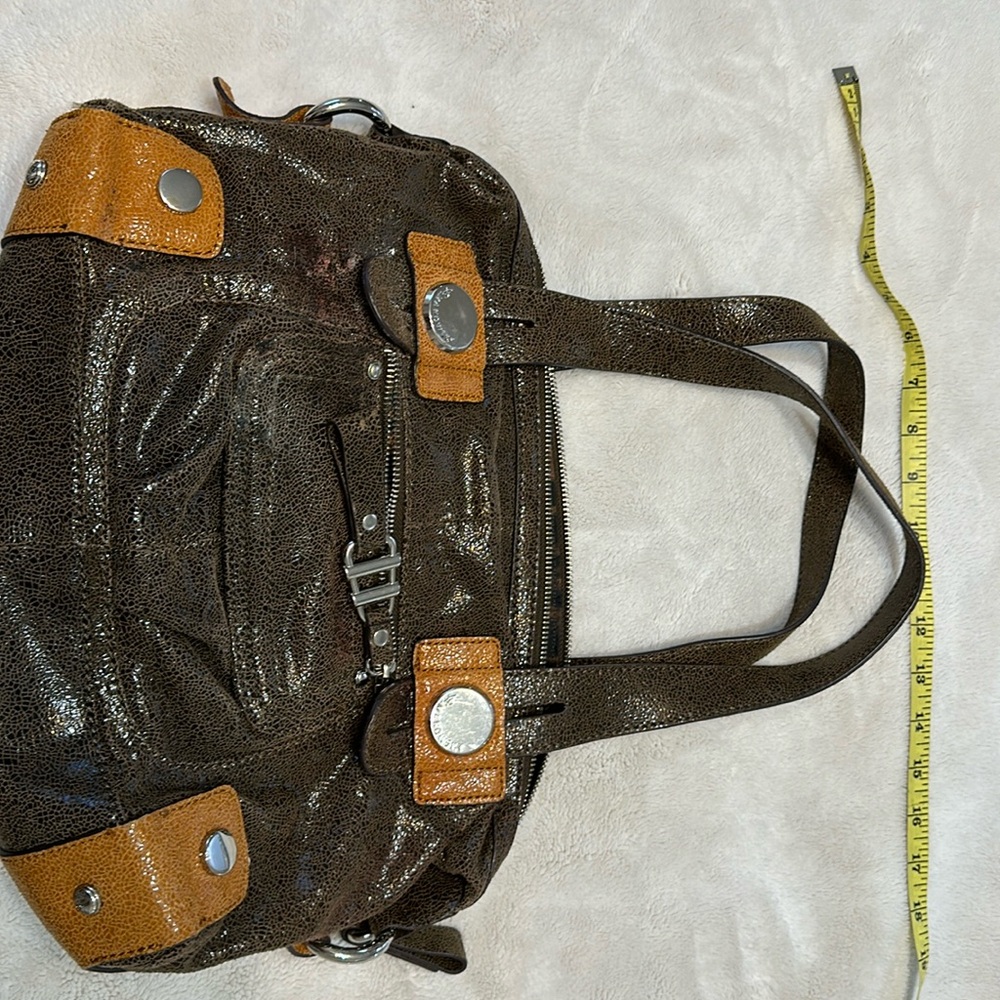 Brown and tan shiny B Makowsky purse